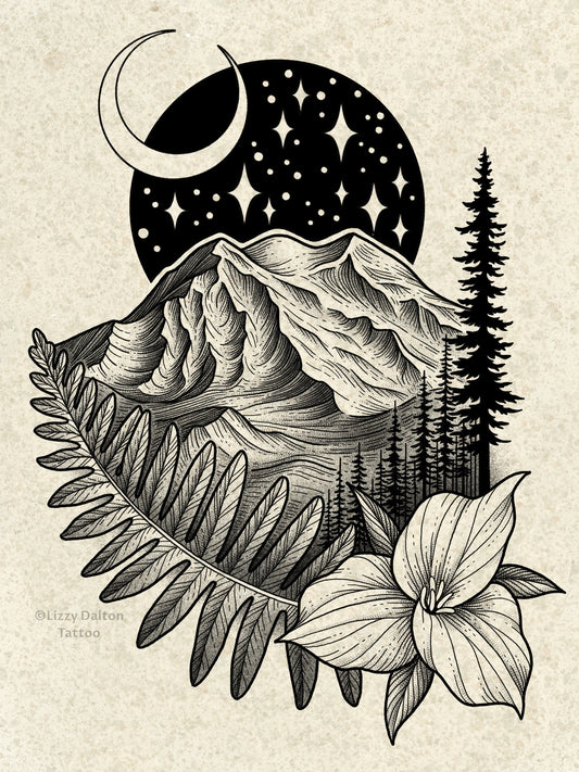 Rainier with Trillium and Fern - Black and Grey