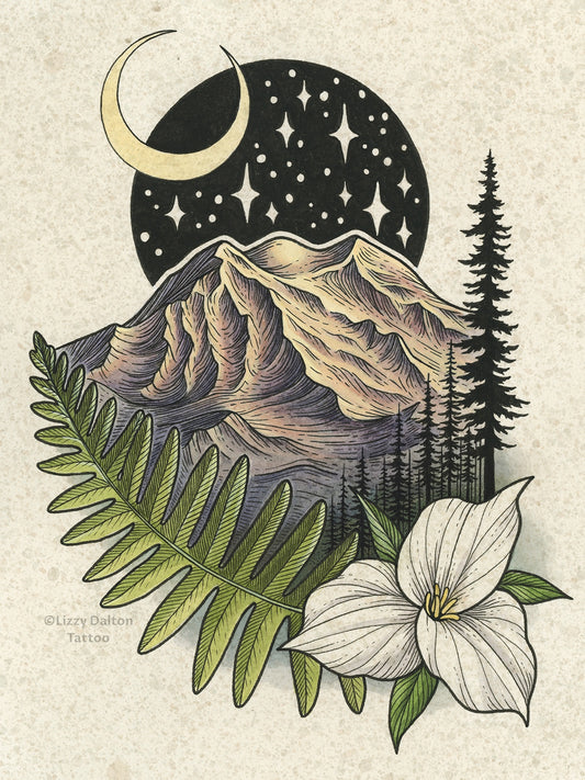 Rainier with Trillium and Fern - Color