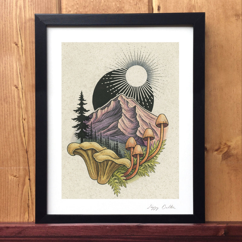 Framed artwork of Mount Hood and mushrooms by tattoo artist Lizzy Dalton